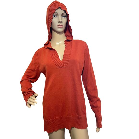 Eddie Bauer Womens Orange Cotton‎ Hooded V-Neck Sweater - Size Medium Cozy Chic - Picture 1 of 12